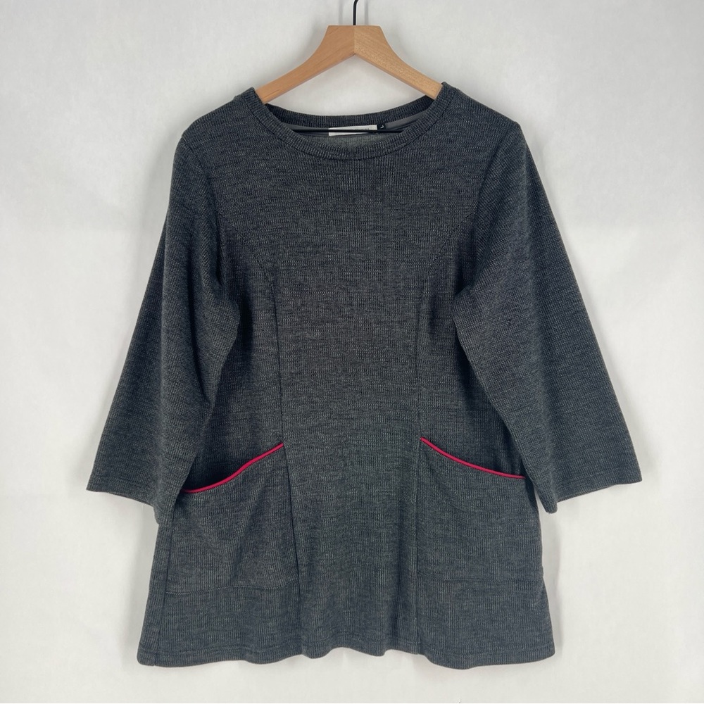 Gail Long Bespoke Gray Knit Tunic Pink Trim Front Pockets 3/4 Sleeve Lagenlook L